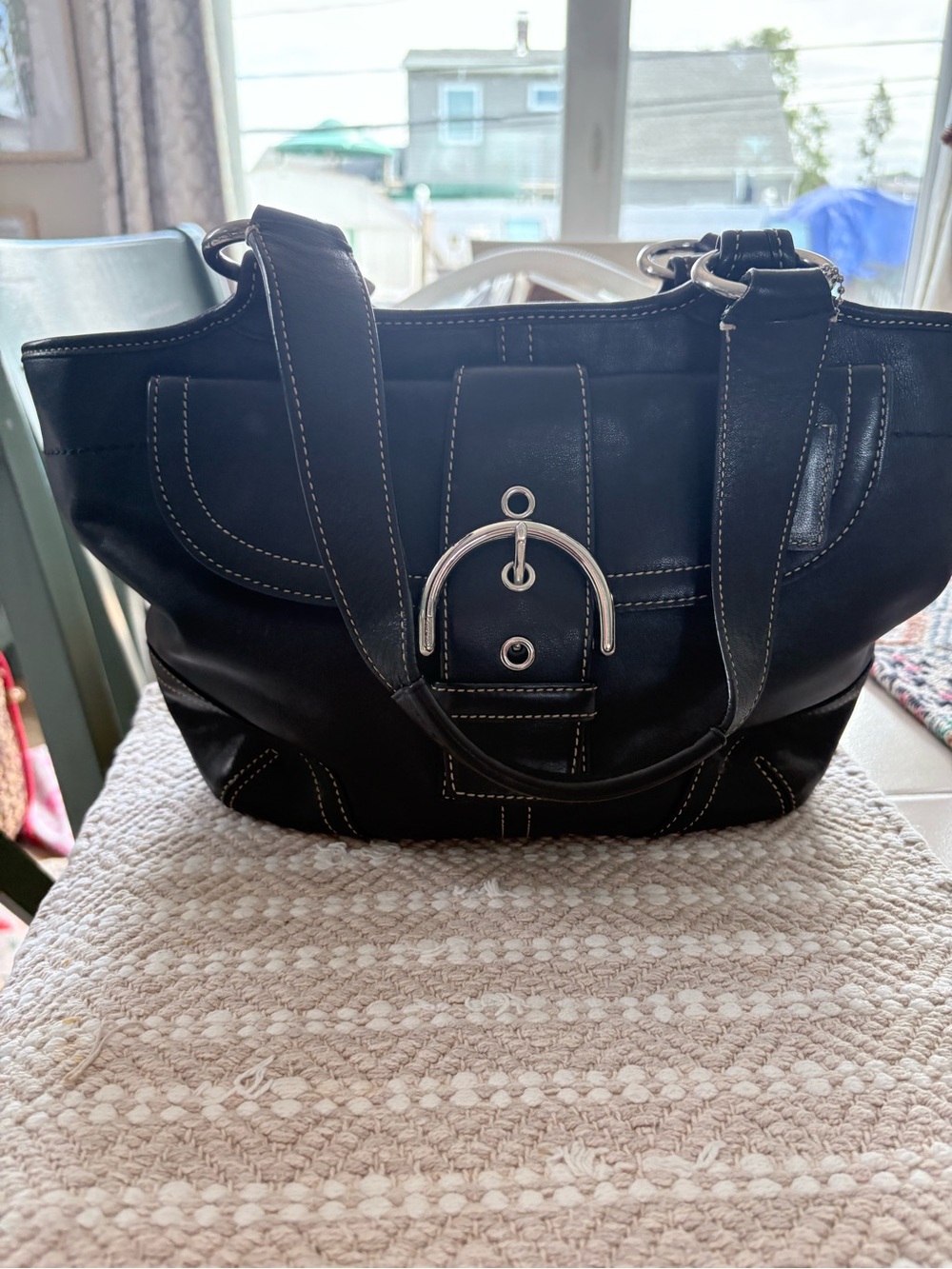 Coach Black Leather Tote with Silver Buckle Accent